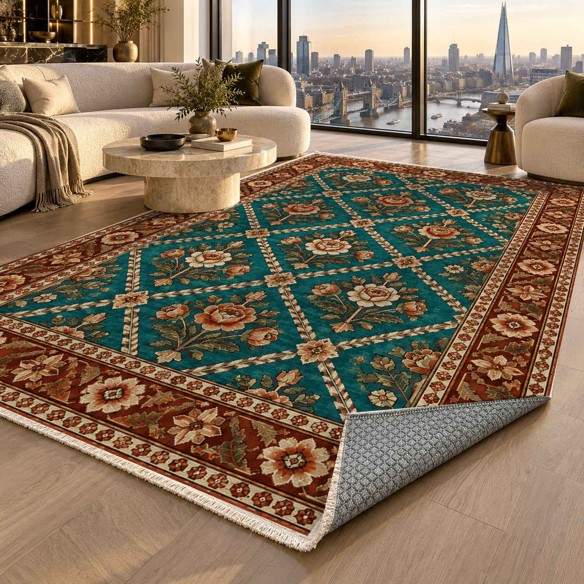Rose Trellis Turquoise Copper Ethnic Washable Rug — london luxury living