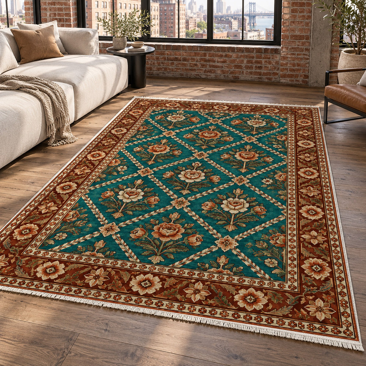 Rose Trellis Turquoise Copper Ethnic Washable Rug — new york living