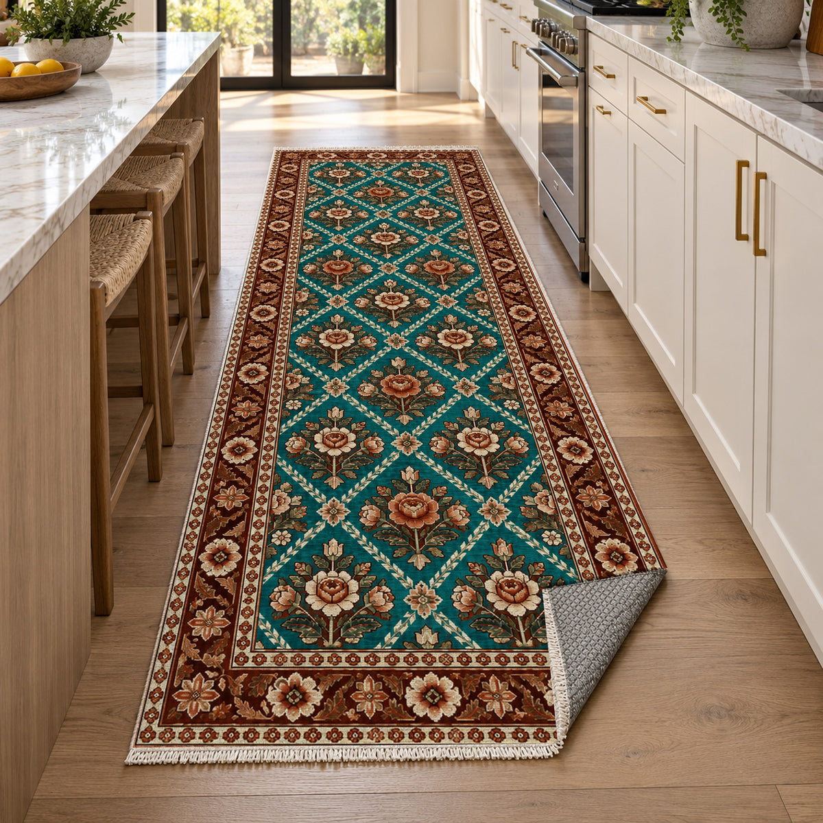 Rose Trellis Turquoise Copper Ethnic Washable Rug — new york kitchen runner