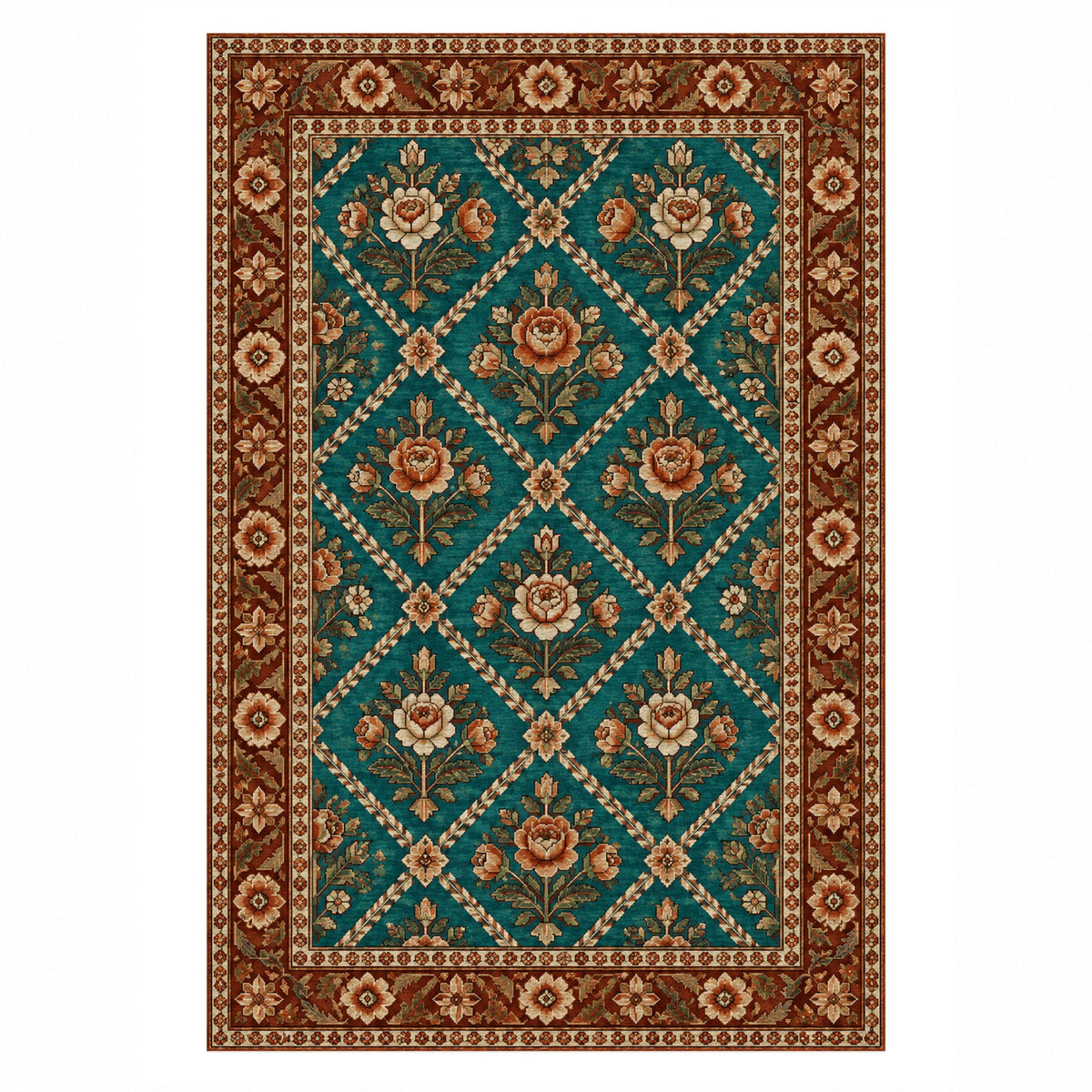 Rose Trellis Turquoise Copper Ethnic Washable Rug — top view