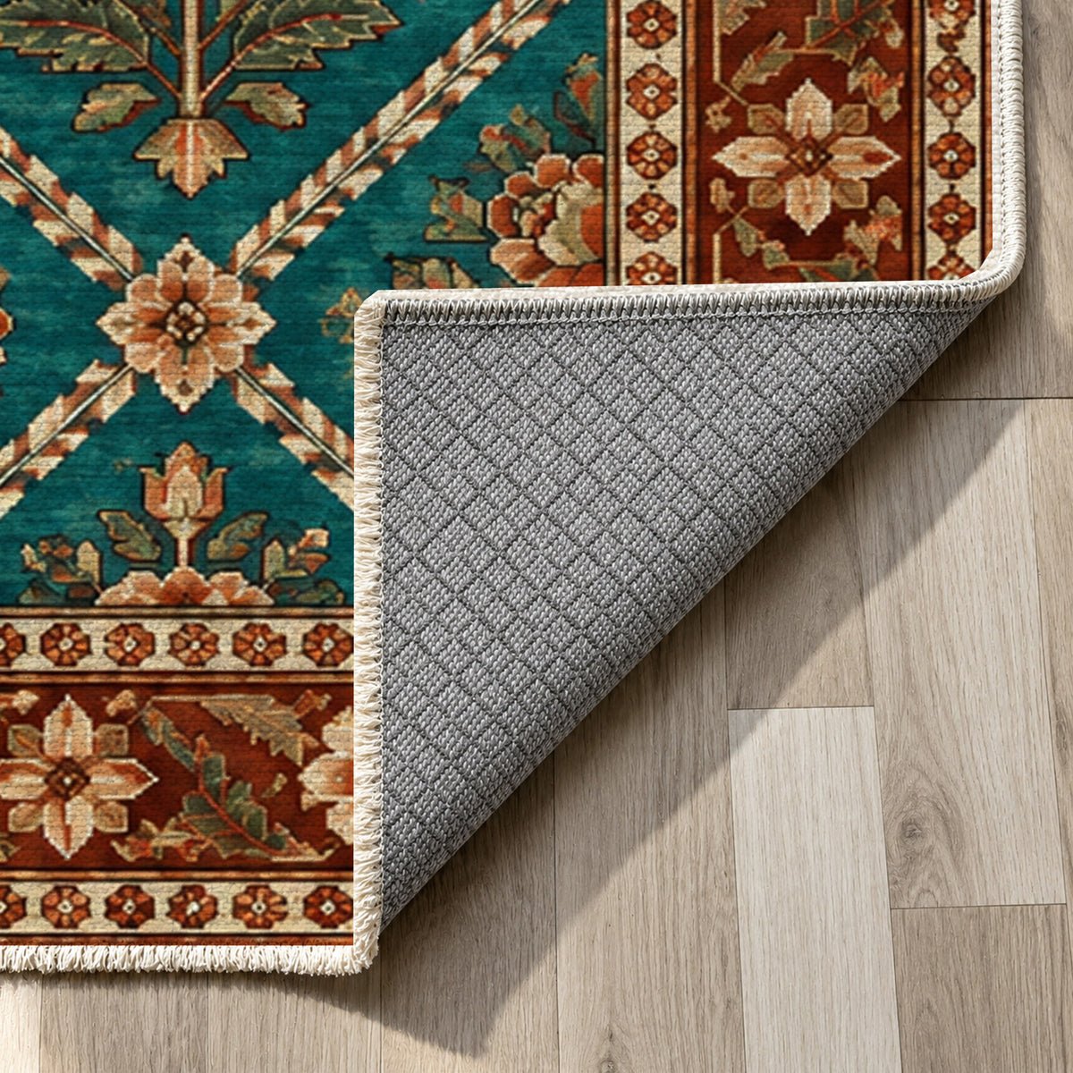 Rose Trellis Turquoise Copper Ethnic Washable Rug — backing close up