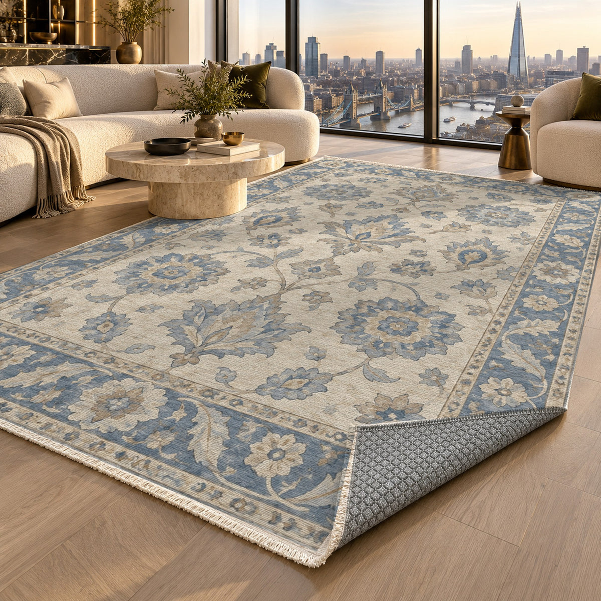 Rosette Symphony Blue Ivory Classic Washable Rug — london luxury living