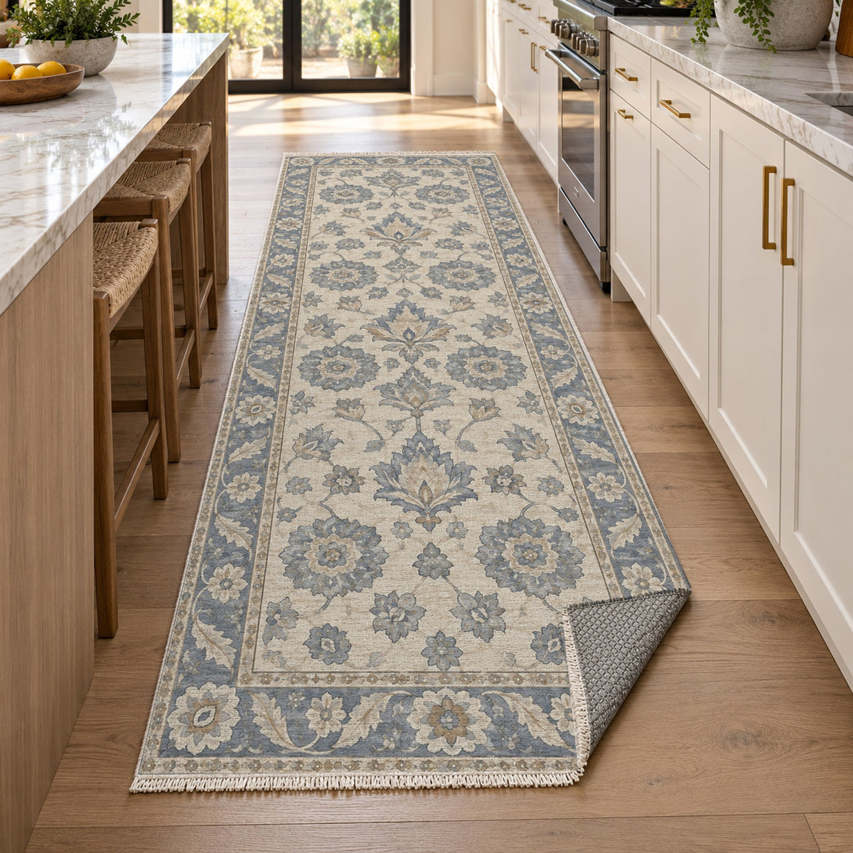 Rosette Symphony Blue Ivory Classic Washable Rug — new york kitchen runner