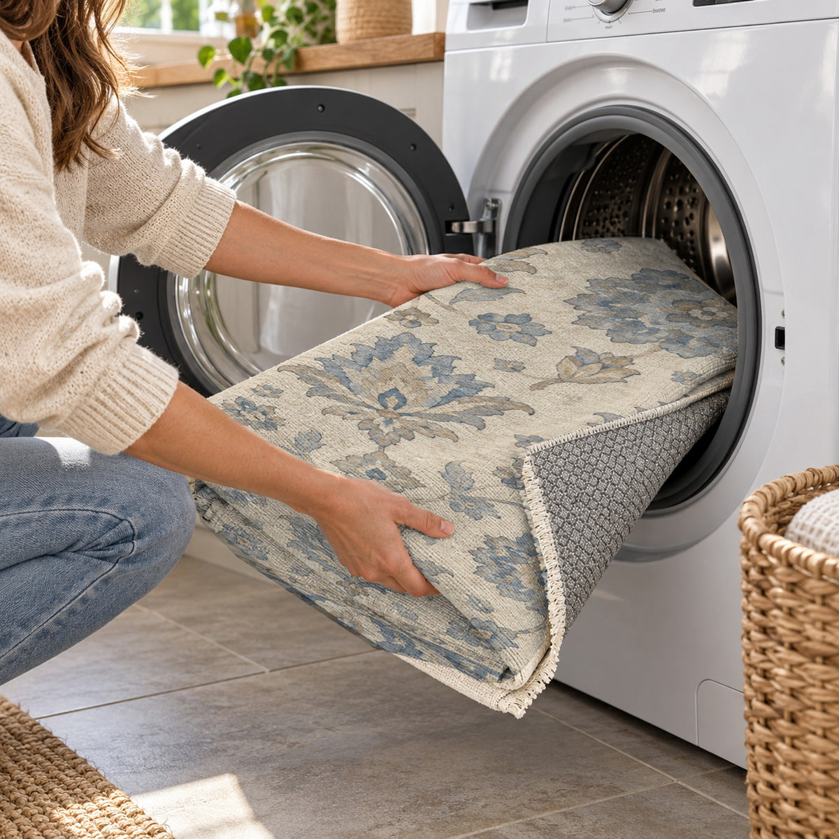 Rosette Symphony Blue Ivory Classic Washable Rug — washing machine