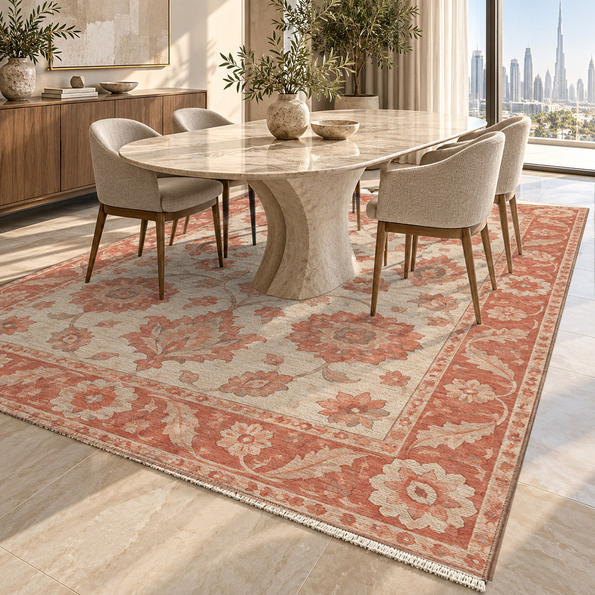 Rosette Symphony Coral Sand Classic Washable Rug — dubai dining