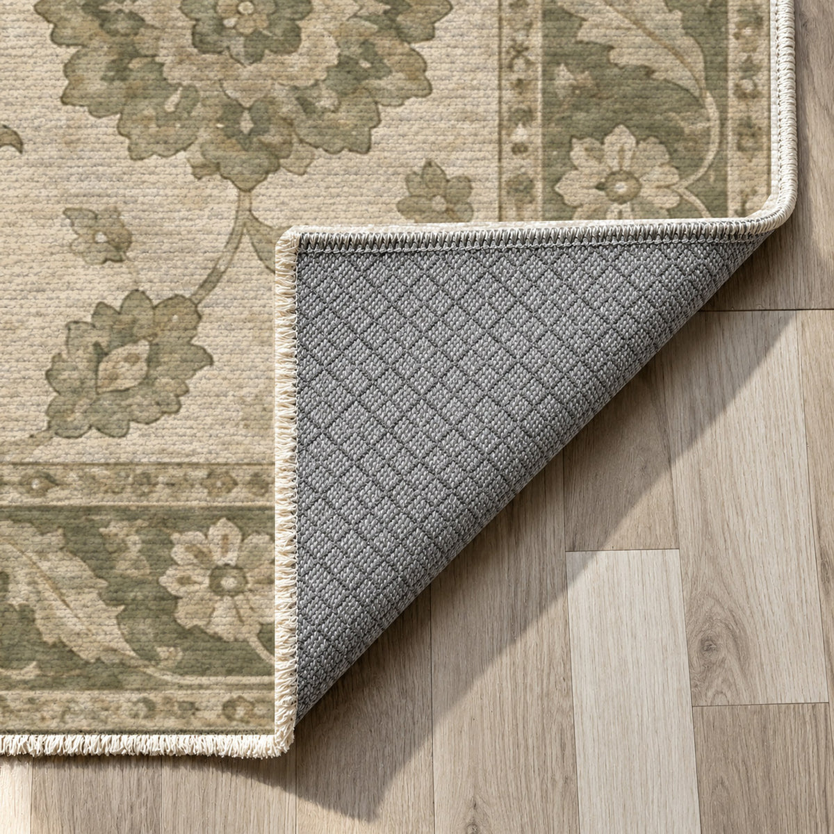 Rosette Symphony Sage Cream Classic Washable Rug — backing close up