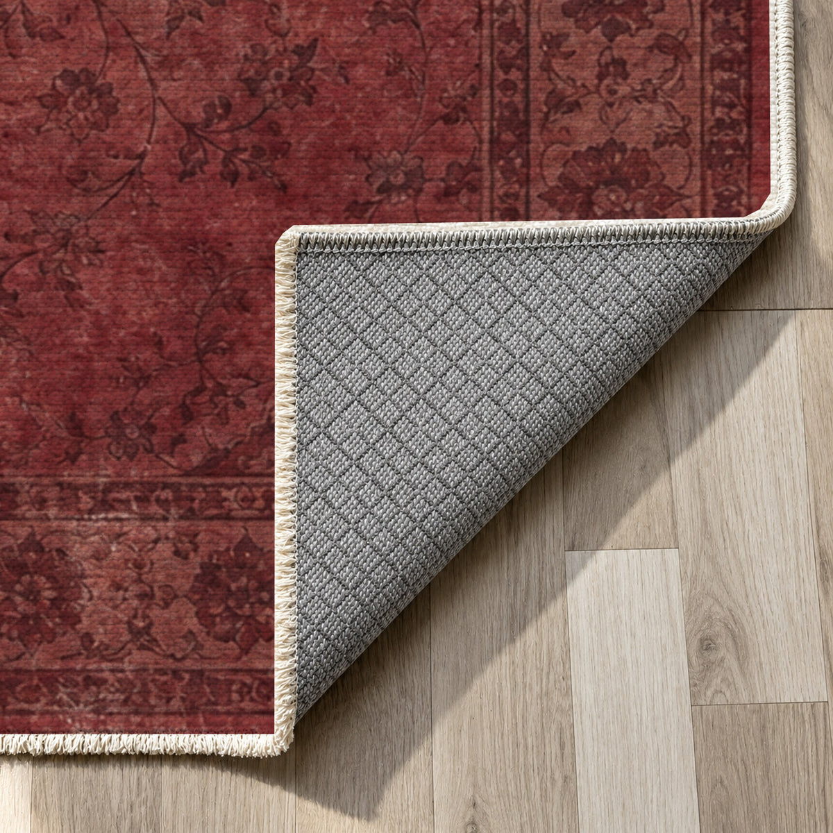 Rosewater Tabriz Burgundy Red Vintage Washable Rug — backing close up
