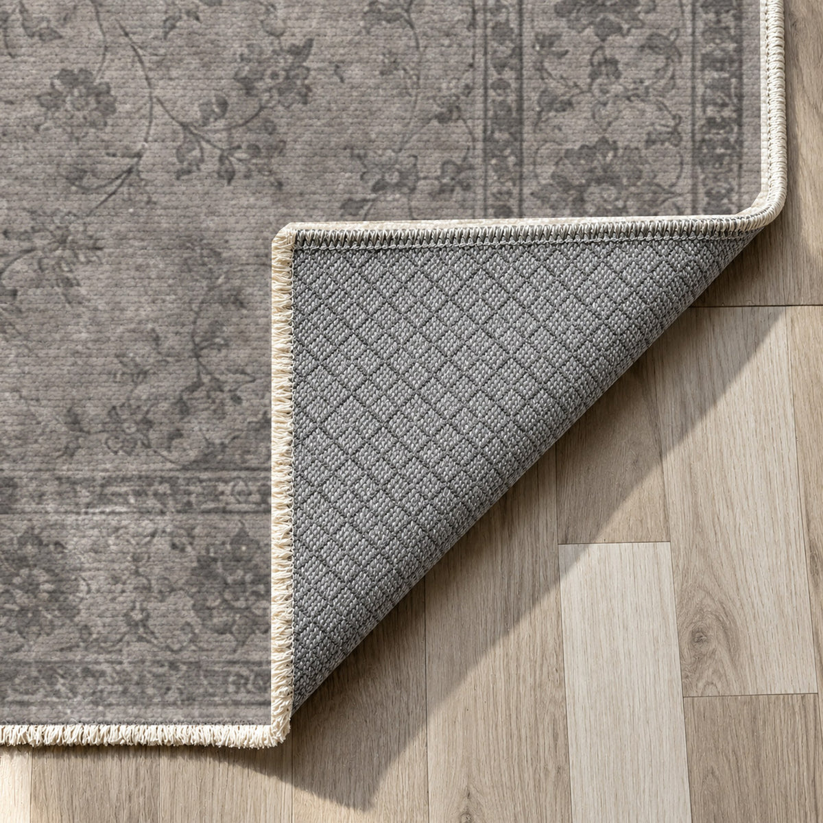 Rosewater Tabriz Charcoal Silver Vintage Washable Rug — backing close up