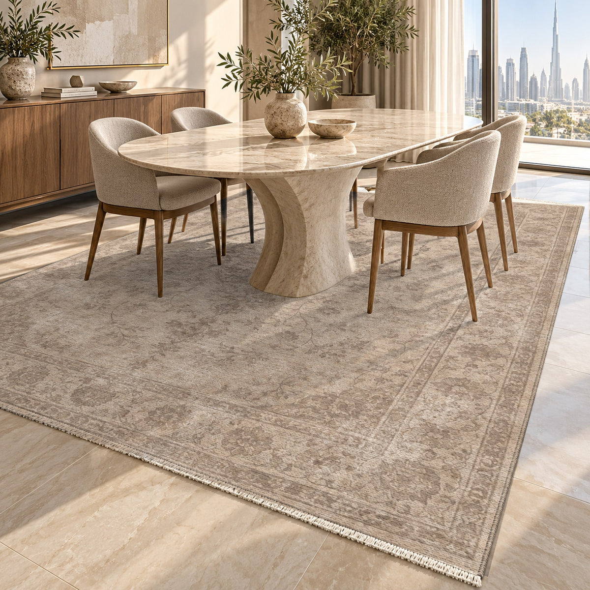 Rosewater Tabriz Ivory Taupe Vintage Washable Rug — dubai dining