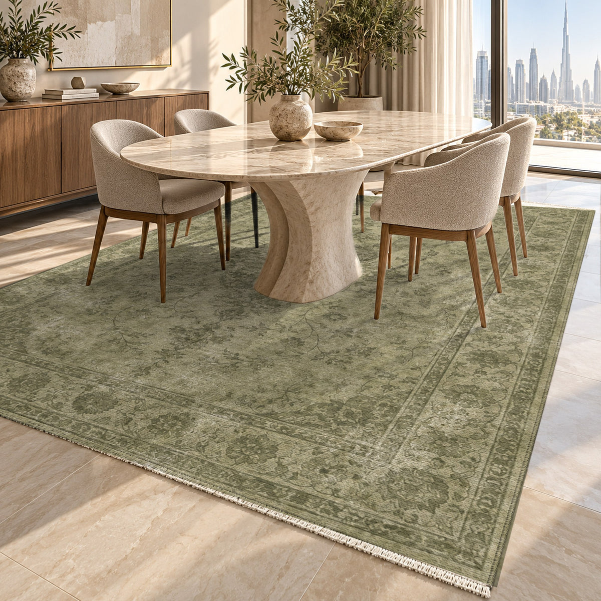 Rosewater Tabriz Olive Green Vintage Washable Rug — dubai dining