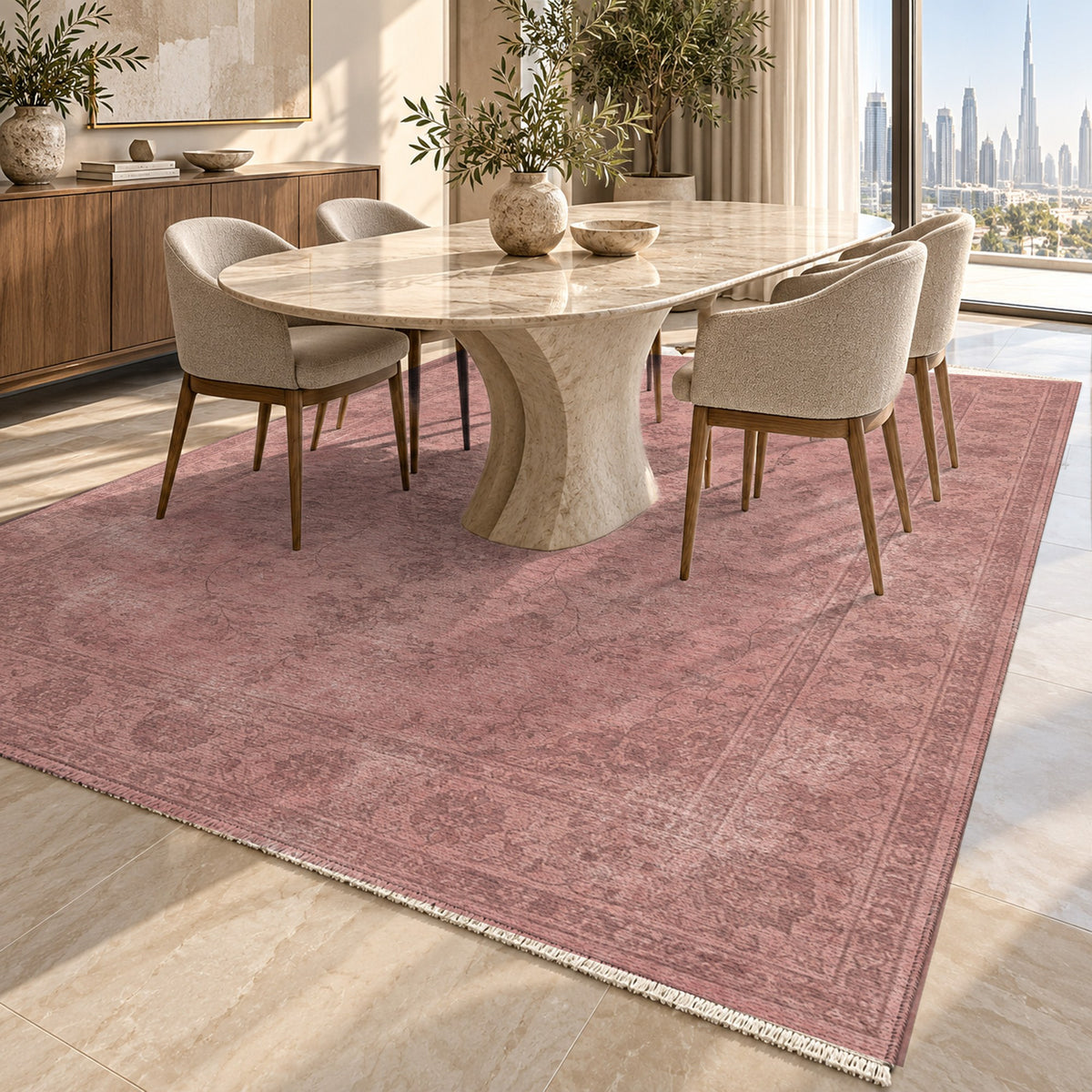 Rosewater Tabriz Rose Pink Vintage Washable Rug — dubai dining