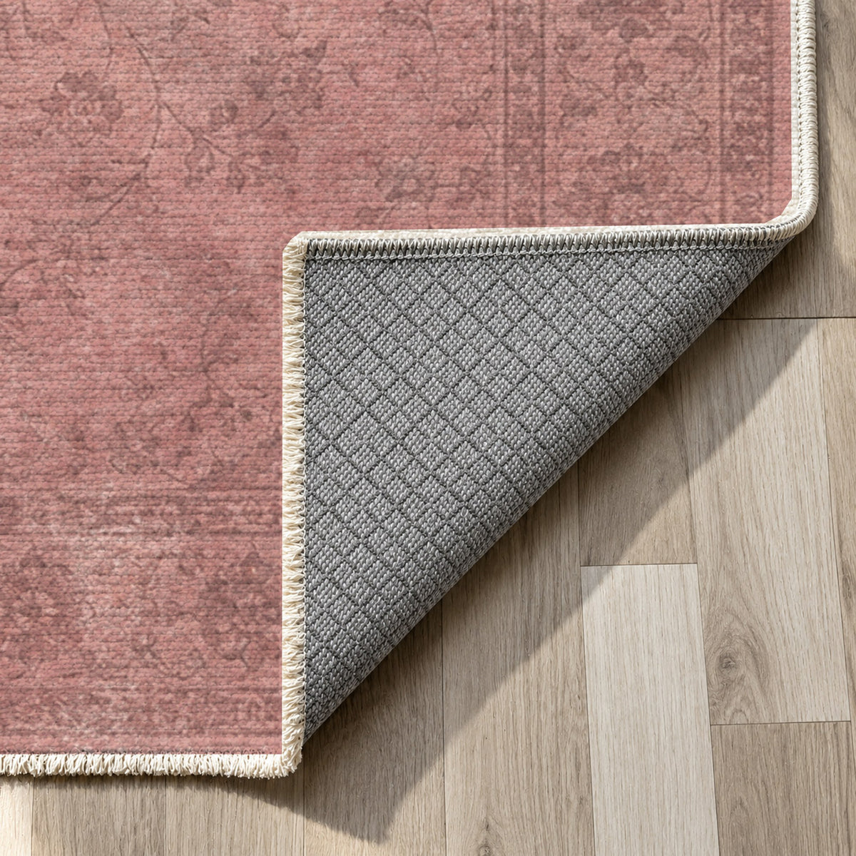Rosewater Tabriz Rose Pink Vintage Washable Rug — backing close up