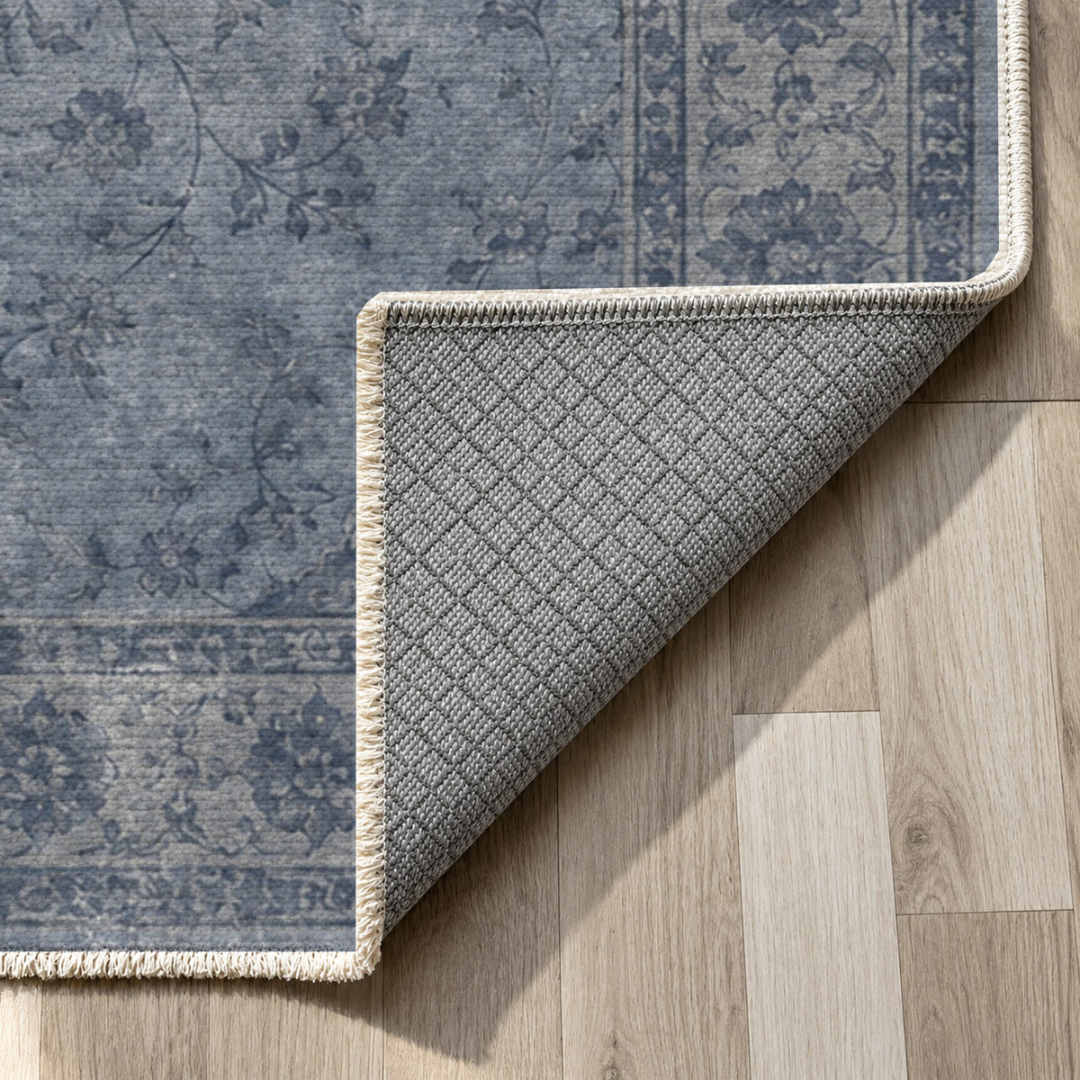 Rosewater Tabriz Slate Blue Vintage Washable Rug — backing close up
