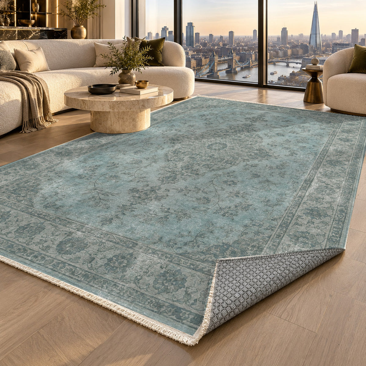 Rosewater Tabriz Turquoise Blue Vintage Washable Rug — london luxury living