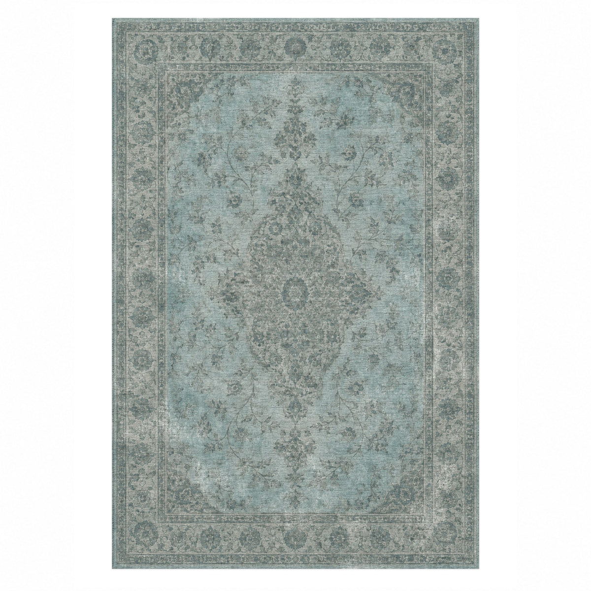Rosewater Tabriz Turquoise Blue Vintage Washable Rug — top view