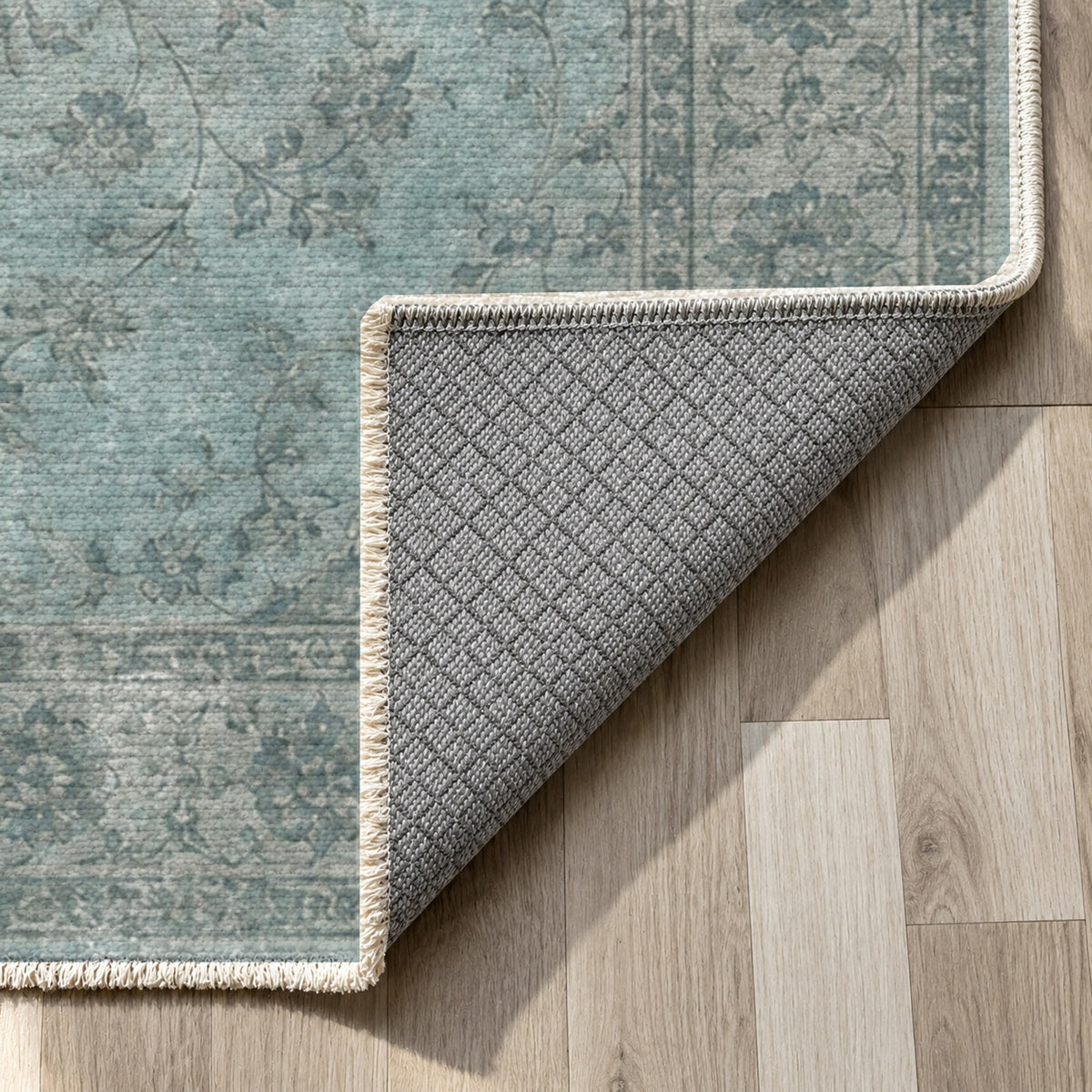 Rosewater Tabriz Turquoise Blue Vintage Washable Rug — backing close up