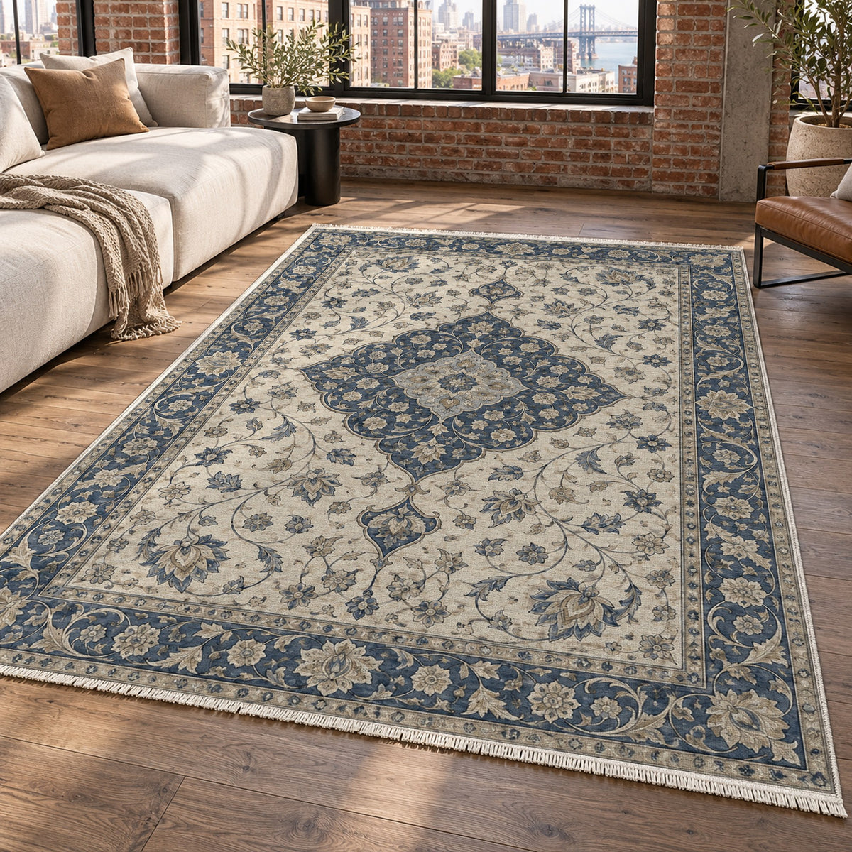 Safavid Arabesque Blue Ivory Classic Washable Rug — new york living