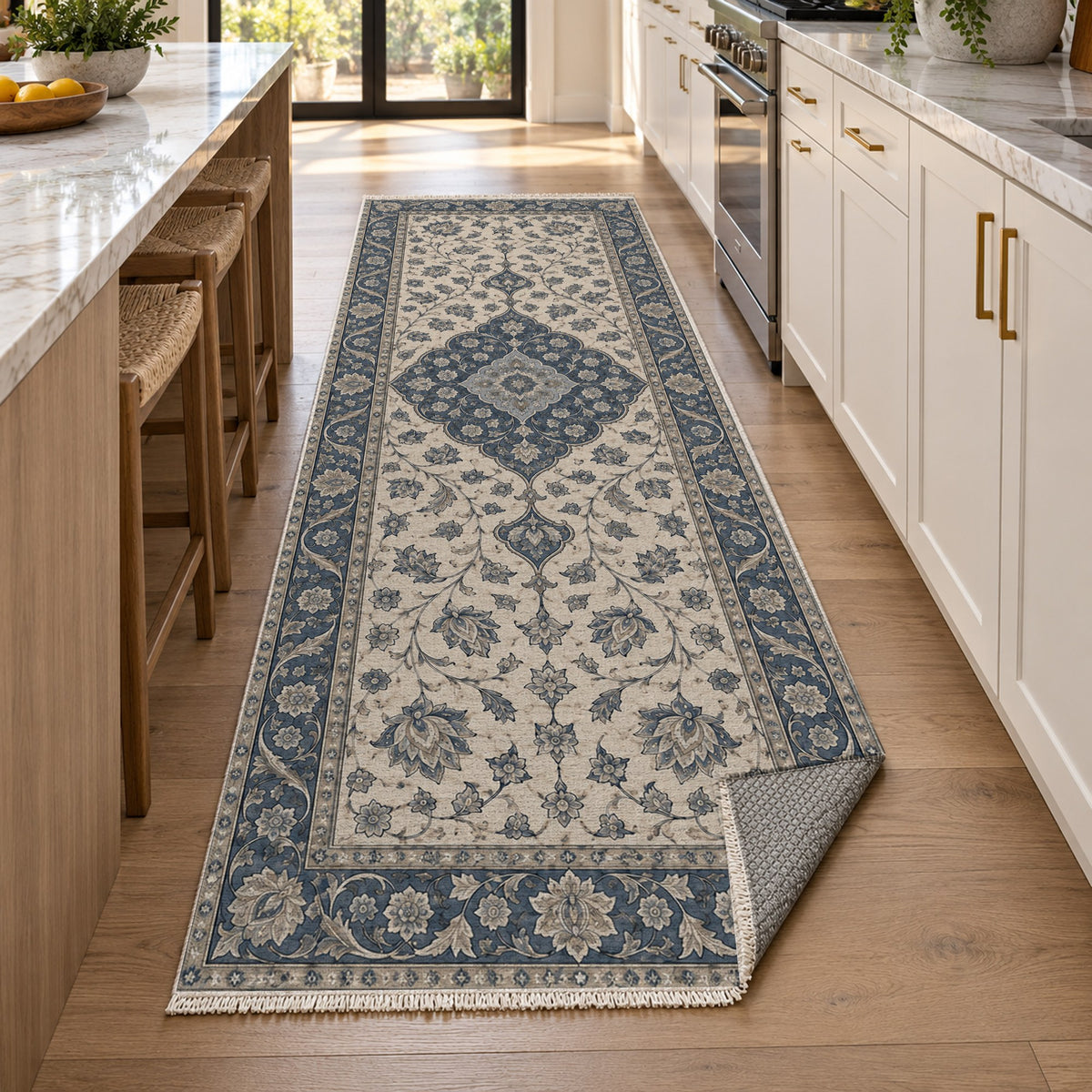 Safavid Arabesque Blue Ivory Classic Washable Rug — new york kitchen runner