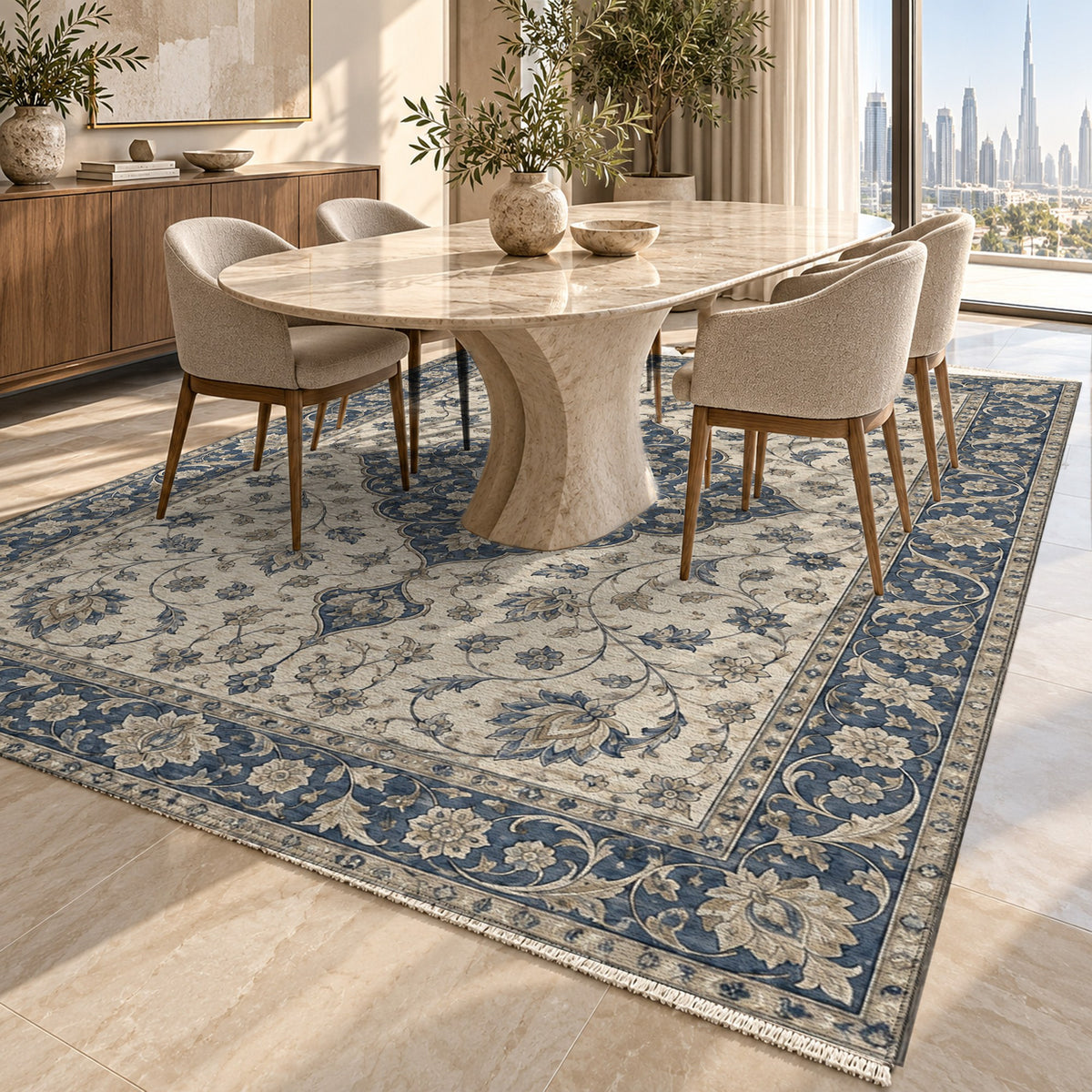 Safavid Arabesque Blue Ivory Classic Washable Rug — dubai dining