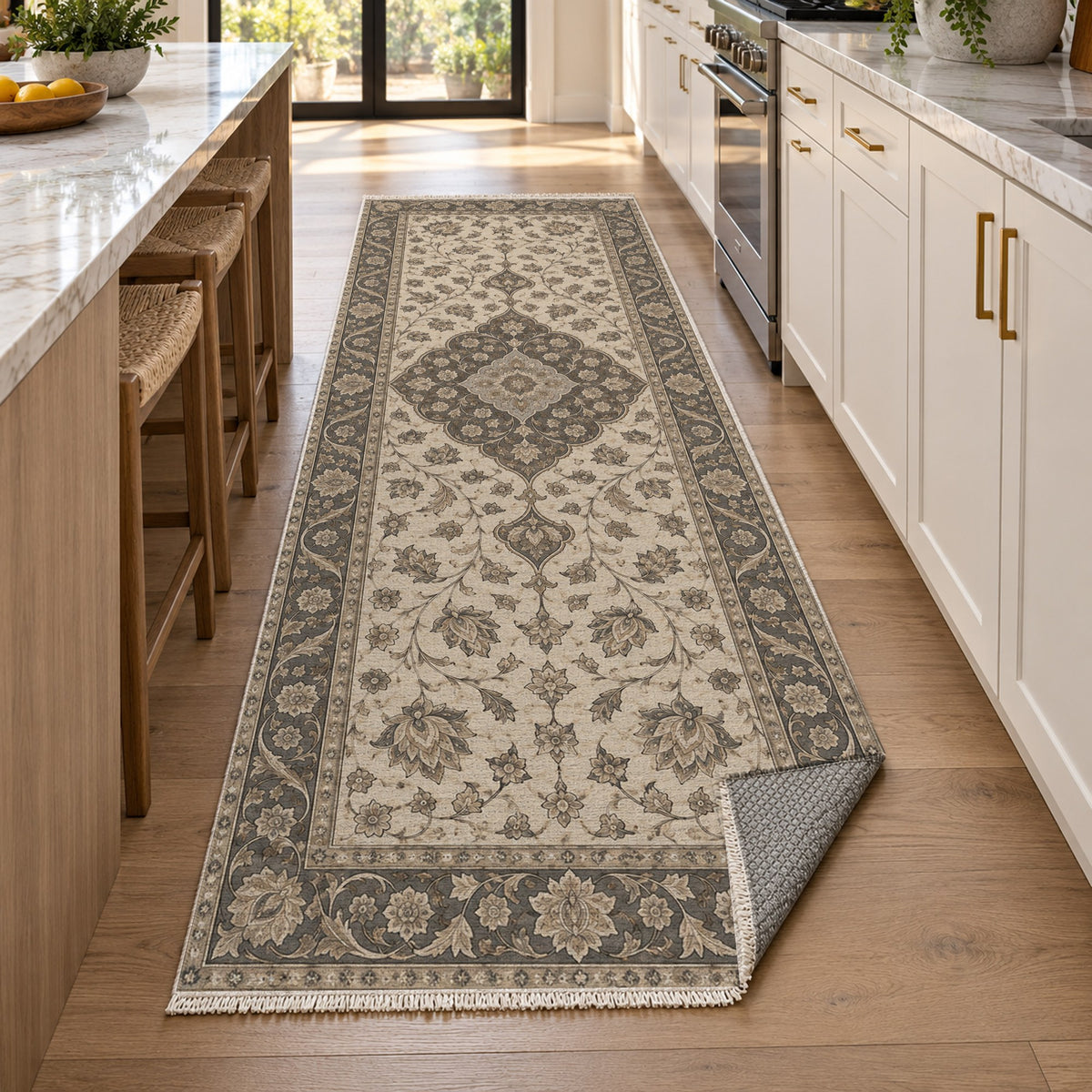 Safavid Arabesque Ivory Taupe Classic Washable Rug — new york kitchen runner