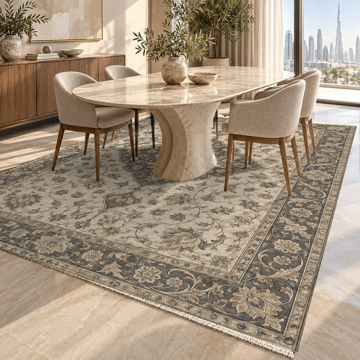 Safavid Arabesque Ivory Taupe Classic Washable Rug — dubai dining