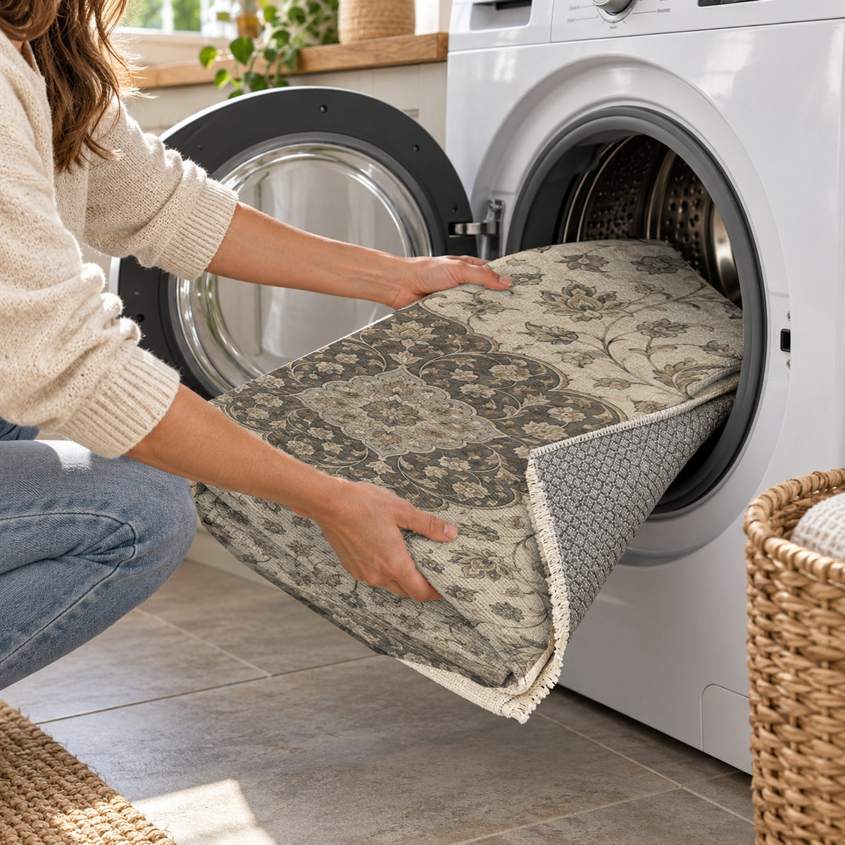Safavid Arabesque Ivory Taupe Classic Washable Rug — washing machine