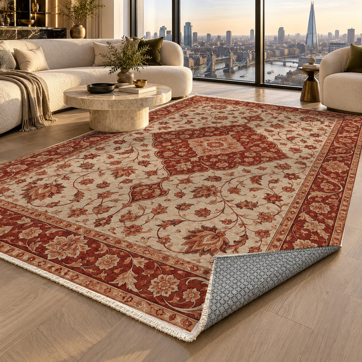 Safavid Arabesque Rust Sand Classic Washable Rug — london luxury living