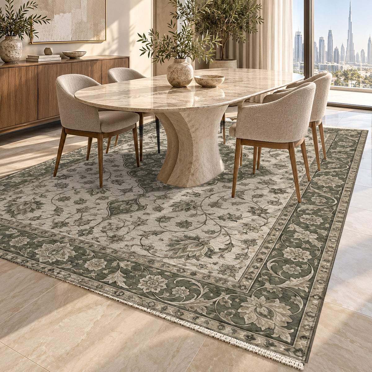 Safavid Arabesque Sage Stone Classic Washable Rug — dubai dining