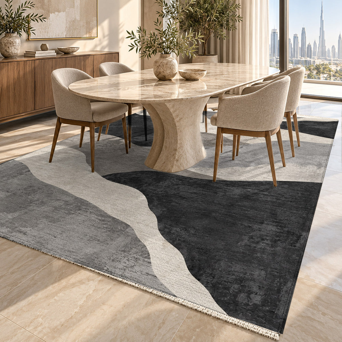 Sahara Mosaic Charcoal Modern Washable Rug — dubai dining