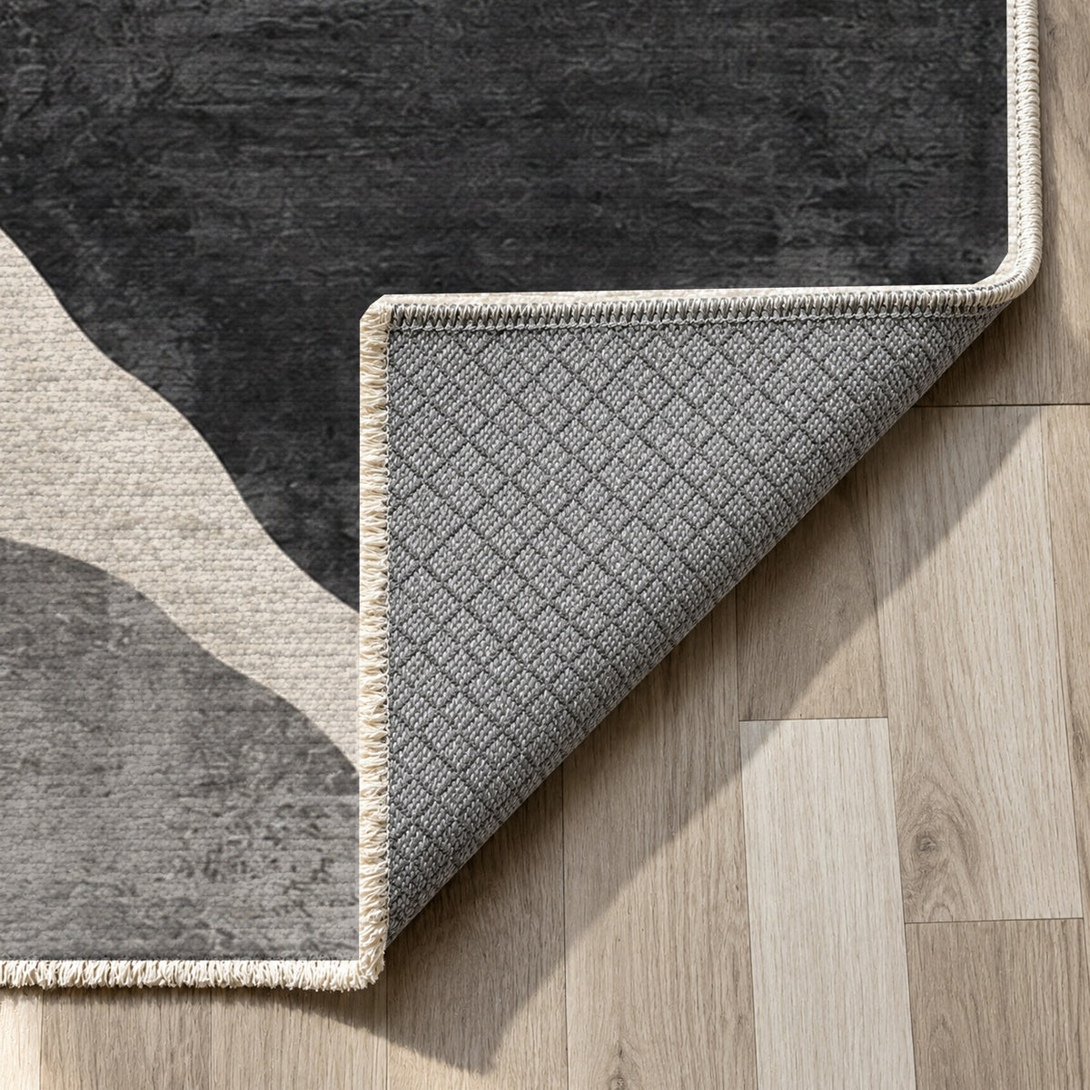 Sahara Mosaic Charcoal Modern Washable Rug — backing close up