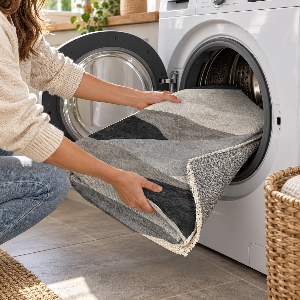Sahara Mosaic Charcoal Modern Washable Rug — washing machine