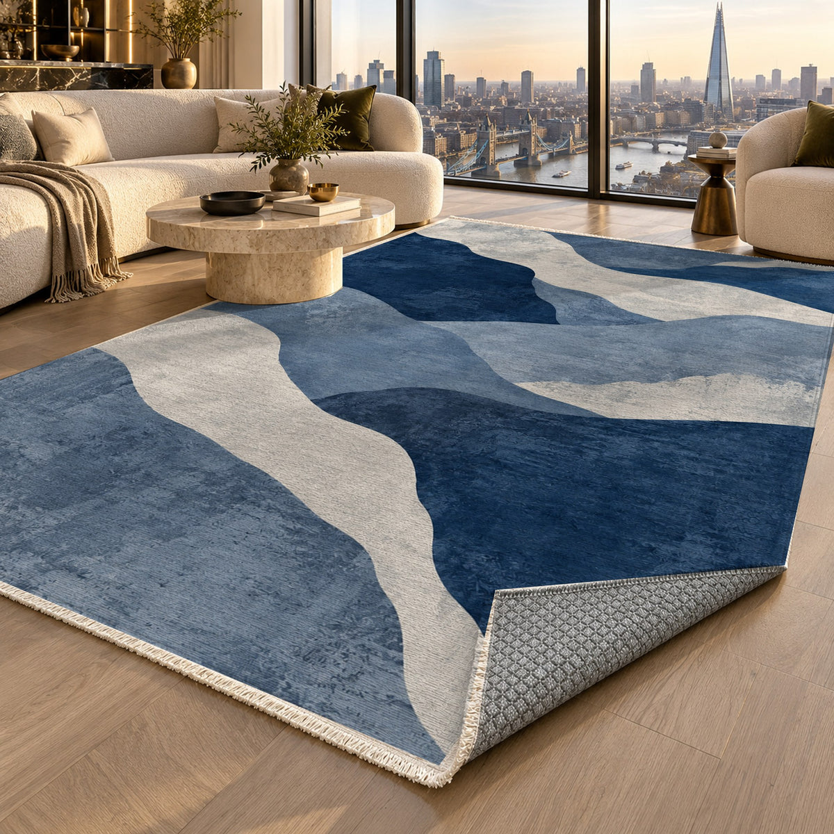 Sahara Mosaic Indigo Modern Washable Rug — london luxury living