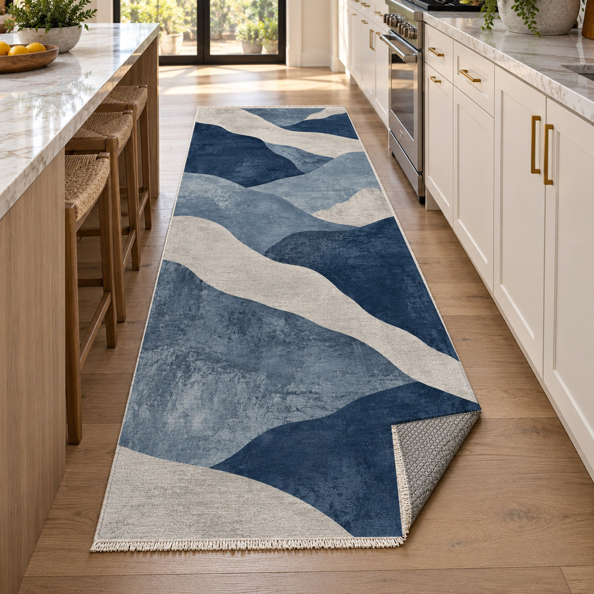Sahara Mosaic Indigo Modern Washable Rug — new york kitchen runner