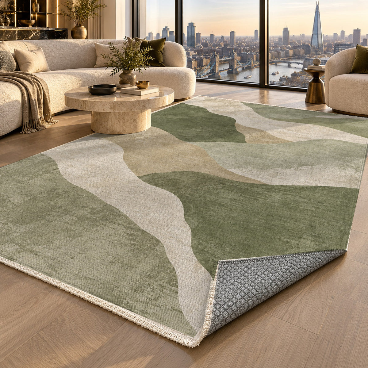 Sahara Mosaic Sage Modern Washable Rug — london luxury living
