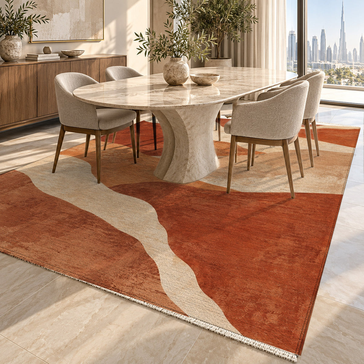 Sahara Mosaic Terracotta Modern Washable Rug — dubai dining