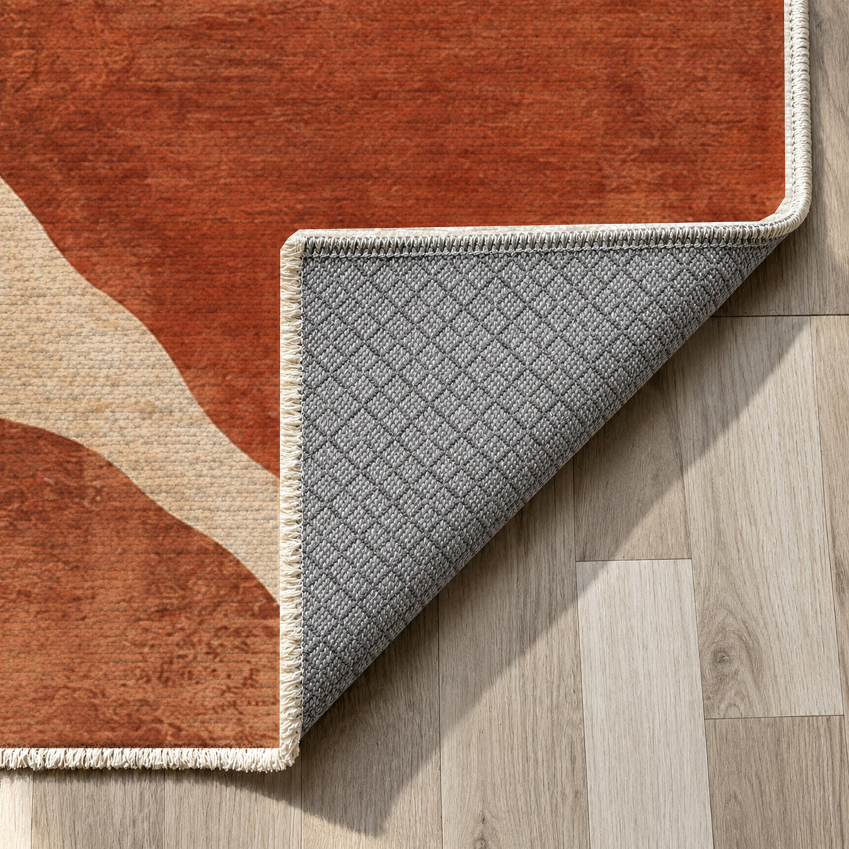 Sahara Mosaic Terracotta Modern Washable Rug — backing close up
