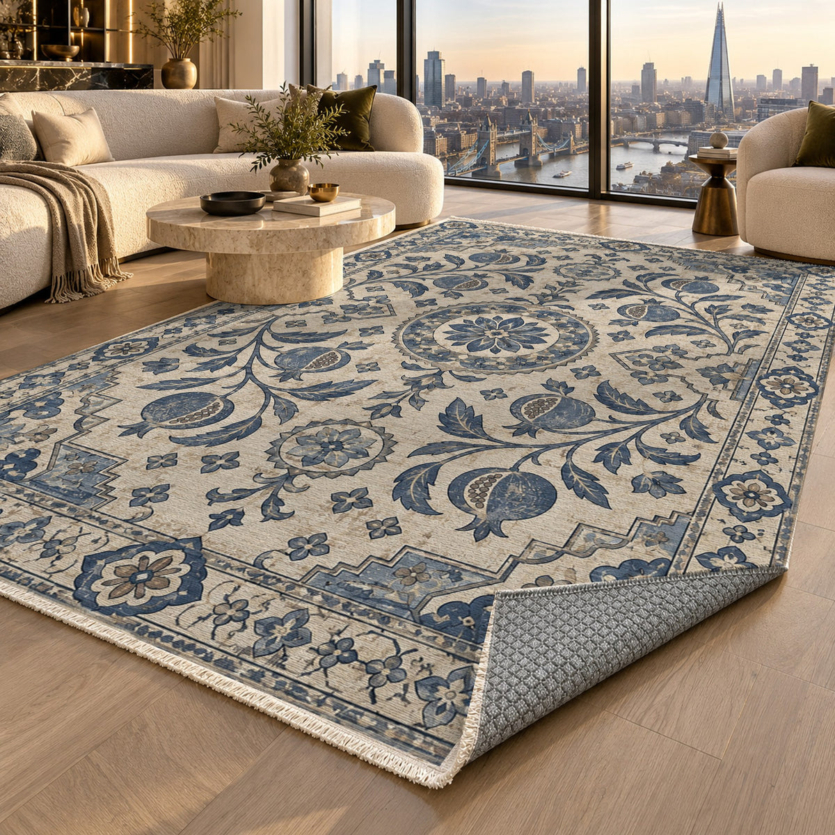 Samarkand Pomegranates Blue Ivory Classic Washable Rug — london luxury living