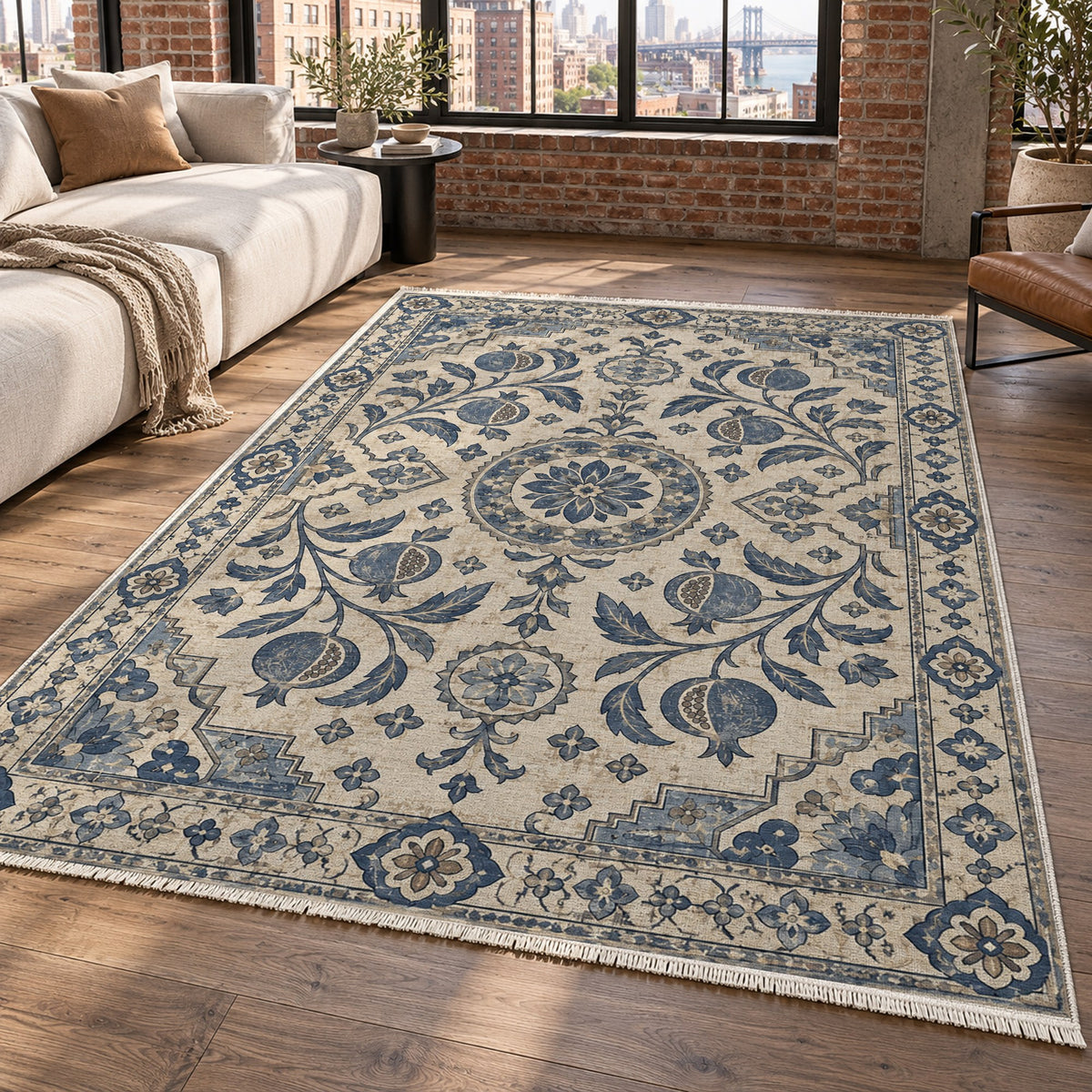 Samarkand Pomegranates Blue Ivory Classic Washable Rug — new york living