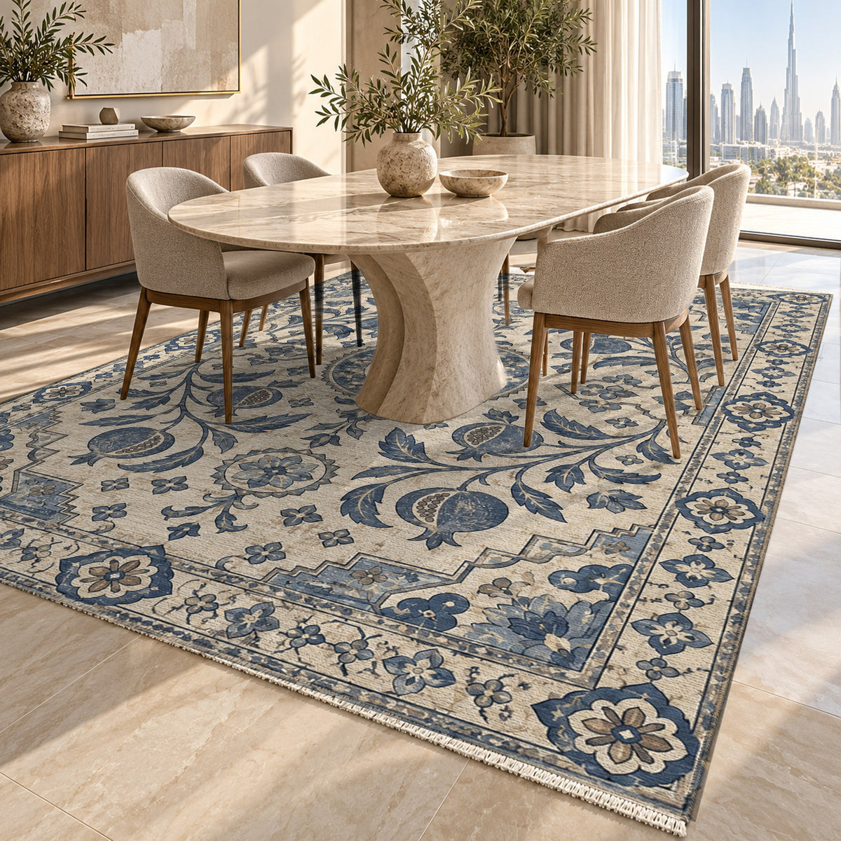 Samarkand Pomegranates Blue Ivory Classic Washable Rug — dubai dining