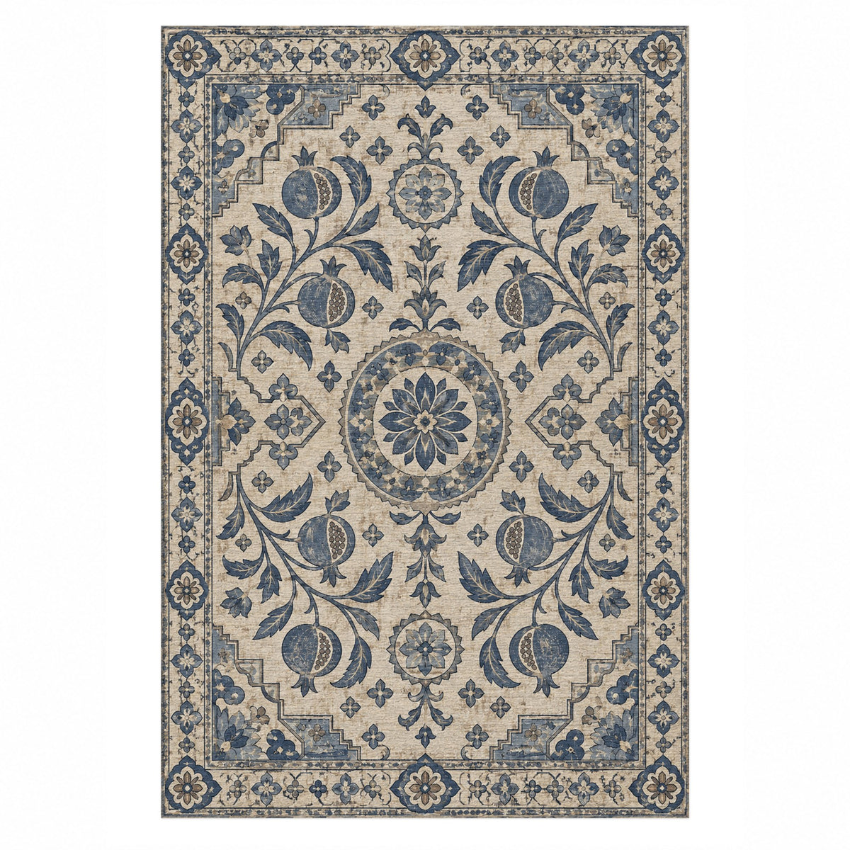 Samarkand Pomegranates Blue Ivory Classic Washable Rug — top view