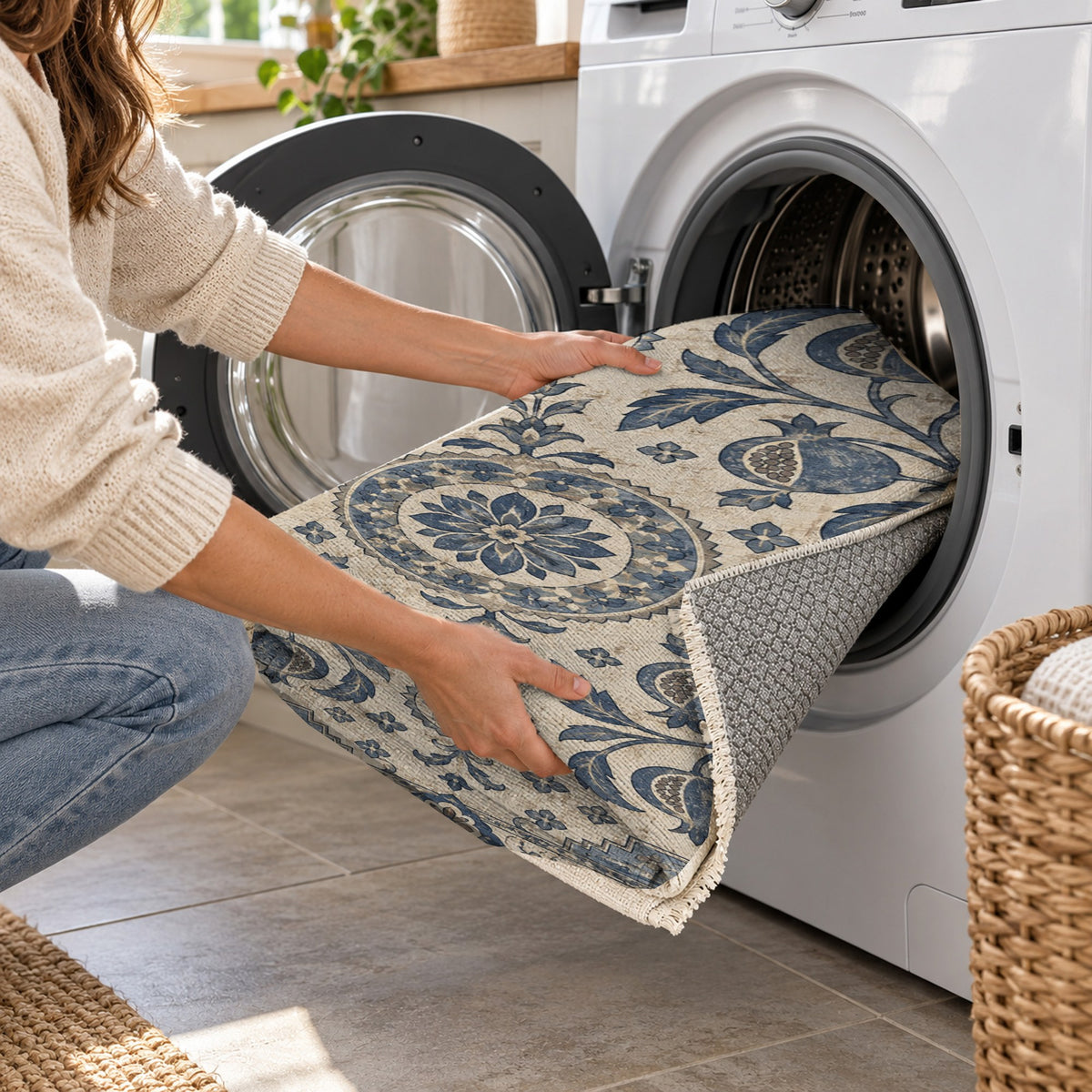 Samarkand Pomegranates Blue Ivory Classic Washable Rug — washing machine