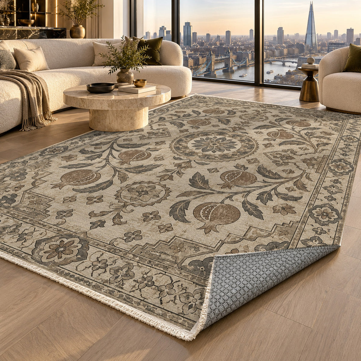 Samarkand Pomegranates Ivory Taupe Classic Washable Rug — london luxury living