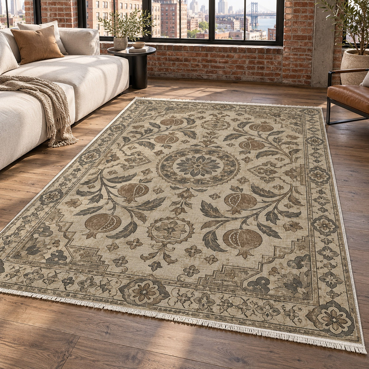 Samarkand Pomegranates Ivory Taupe Classic Washable Rug — new york living