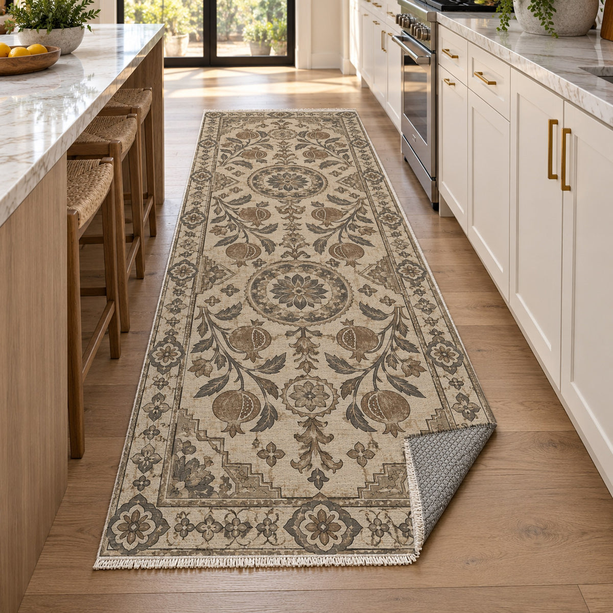Samarkand Pomegranates Ivory Taupe Classic Washable Rug — new york kitchen runner