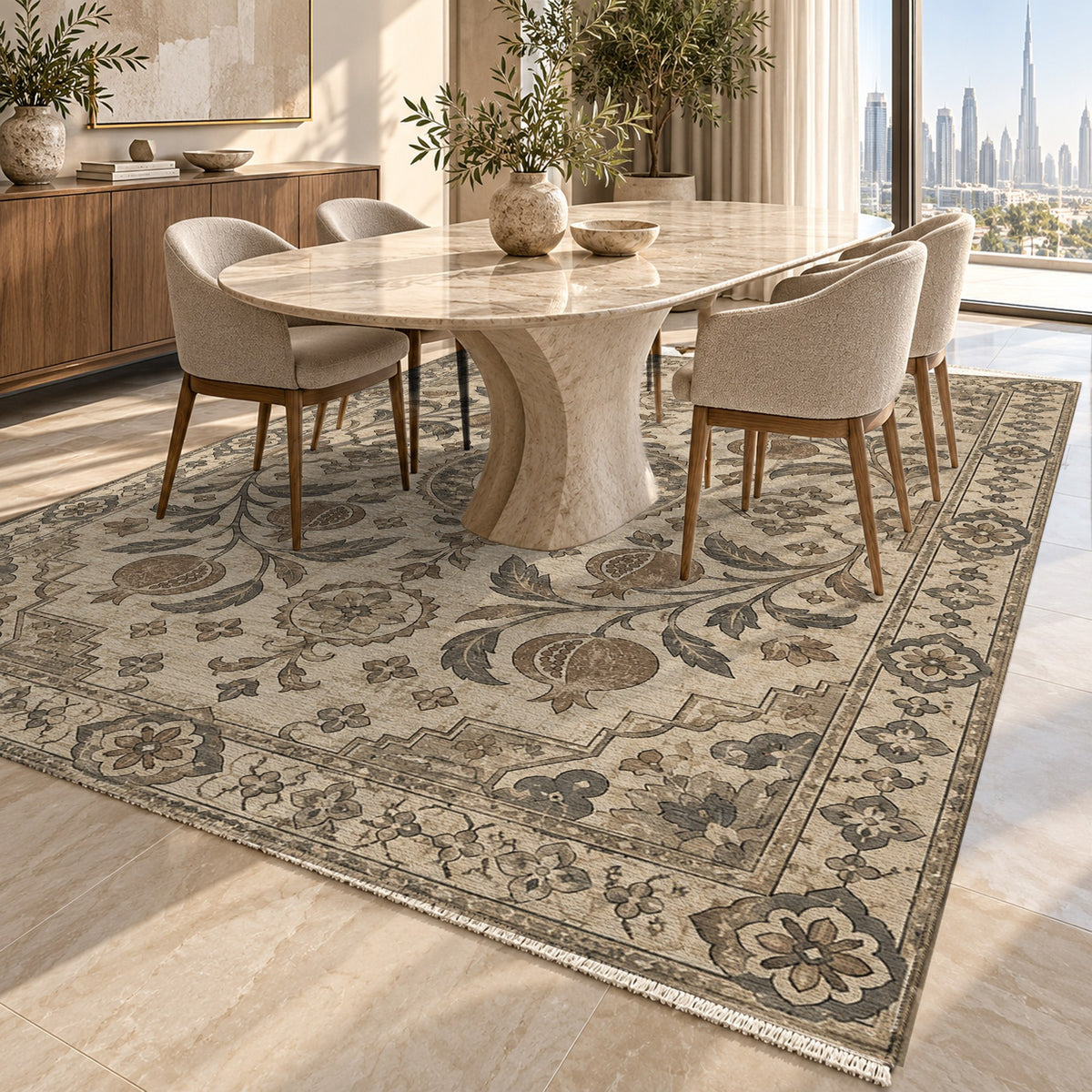 Samarkand Pomegranates Ivory Taupe Classic Washable Rug — dubai dining
