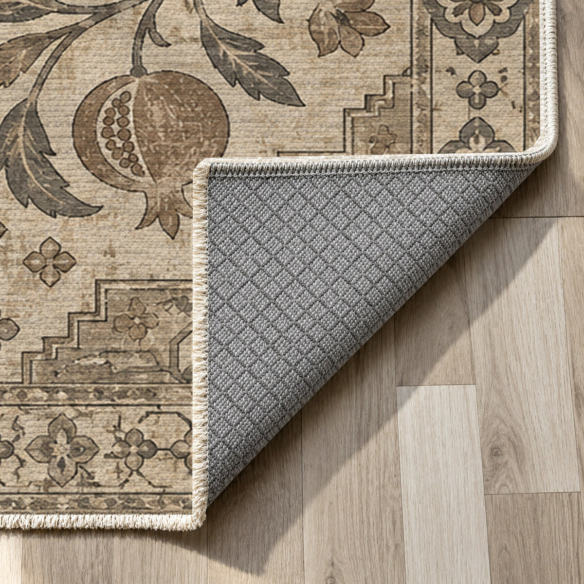 Samarkand Pomegranates Ivory Taupe Classic Washable Rug — backing close up