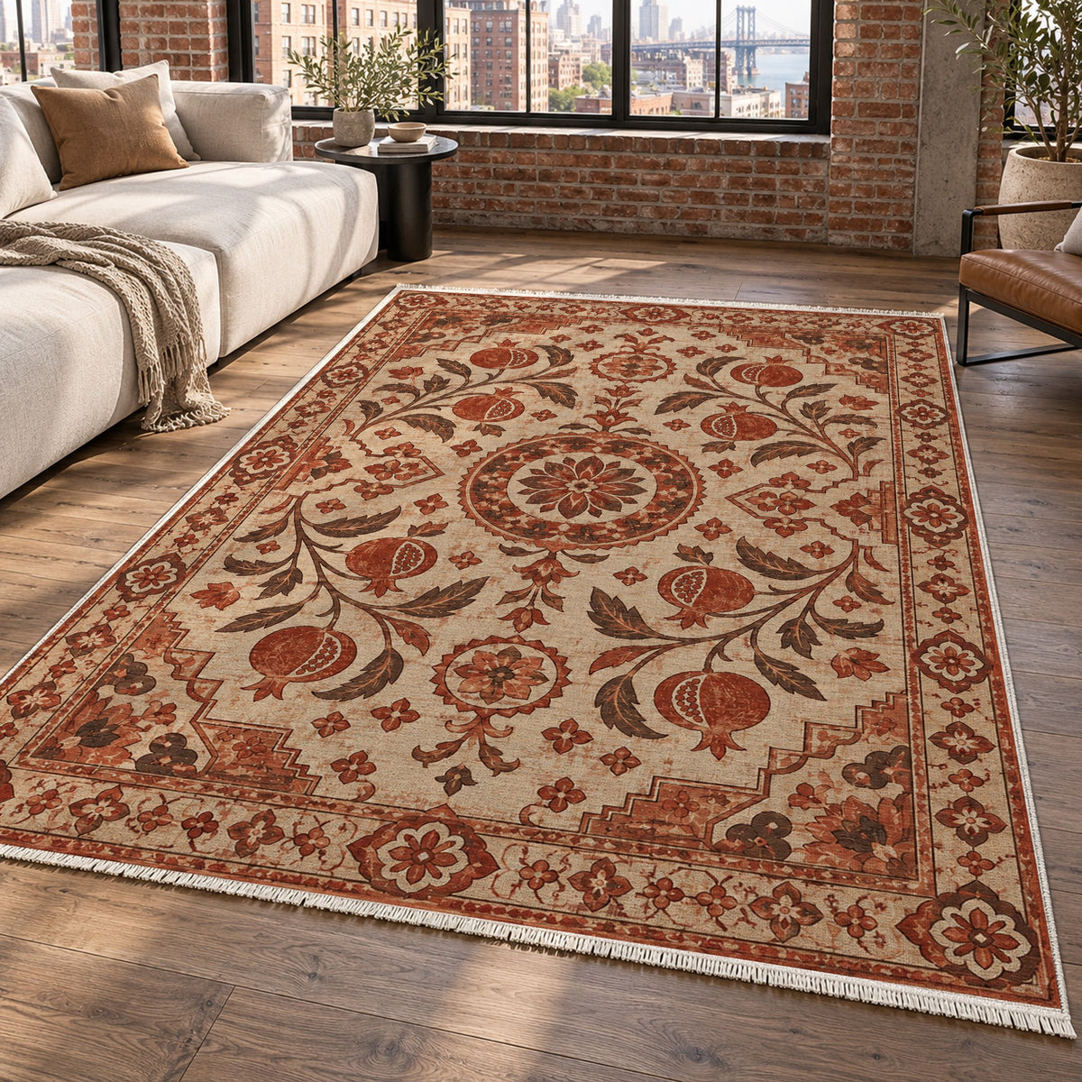 Samarkand Pomegranates Rust Sand Classic Washable Rug — new york living