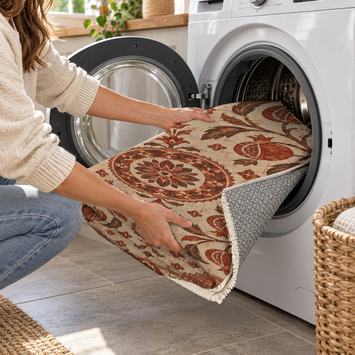 Samarkand Pomegranates Rust Sand Classic Washable Rug — washing machine
