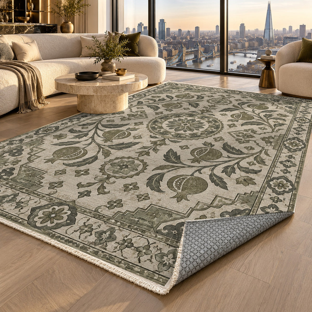 Samarkand Pomegranates Sage Stone Classic Washable Rug — london luxury living