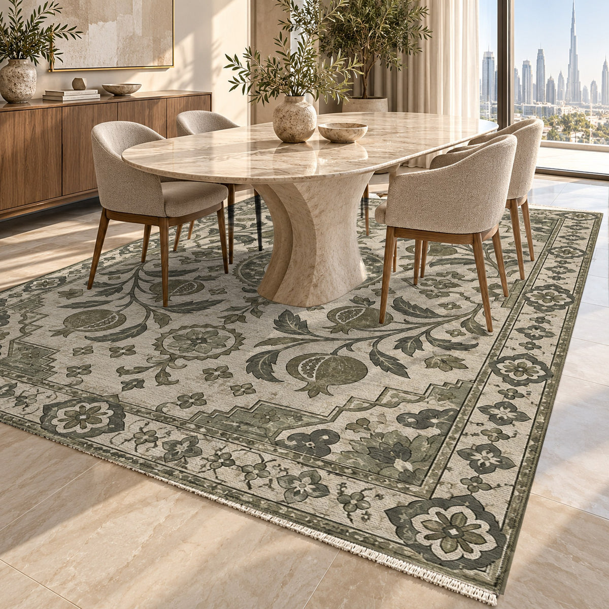 Samarkand Pomegranates Sage Stone Classic Washable Rug — dubai dining
